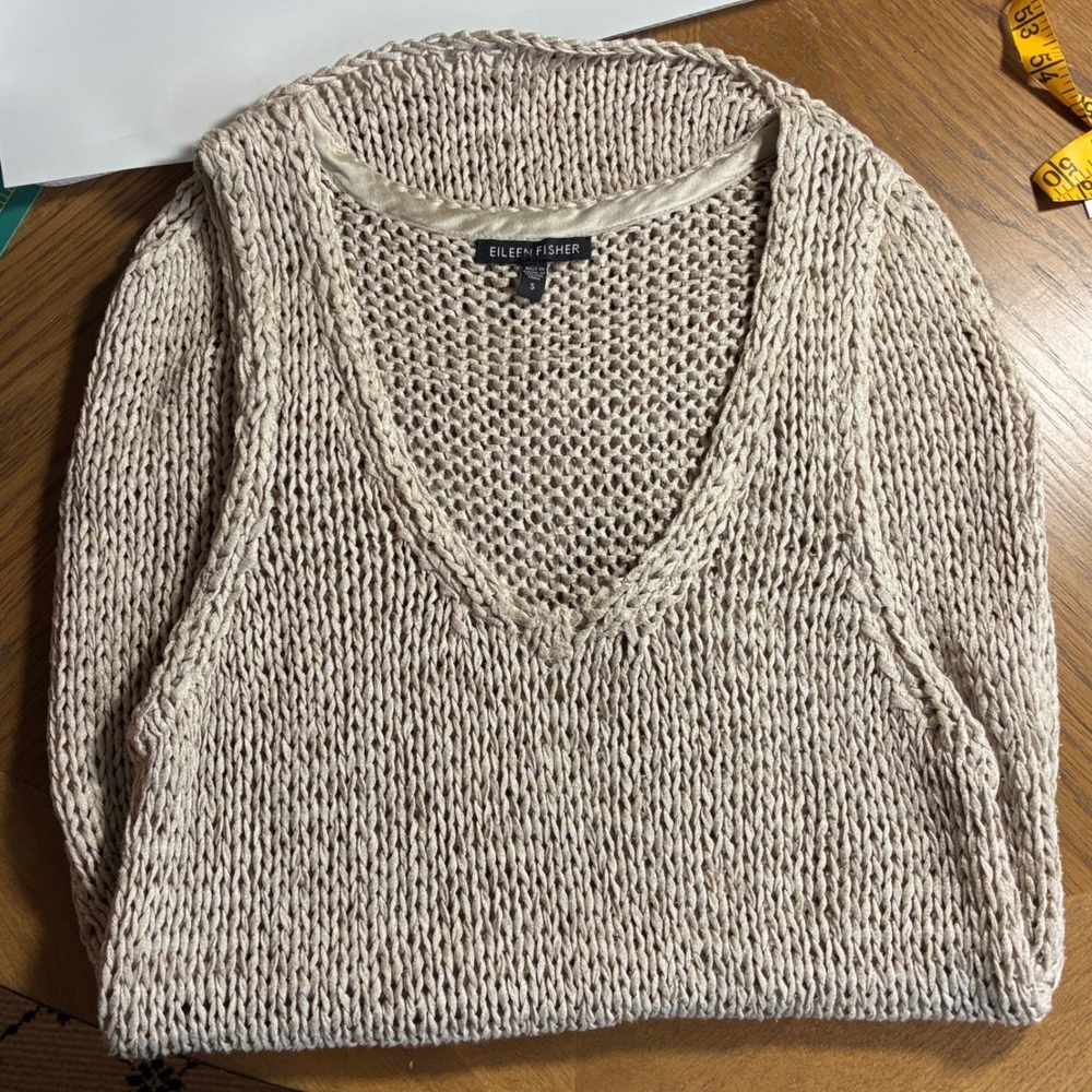 Eileen Fisher Tank S Taupe Lagenlook loose knit Sustainable Minimalist